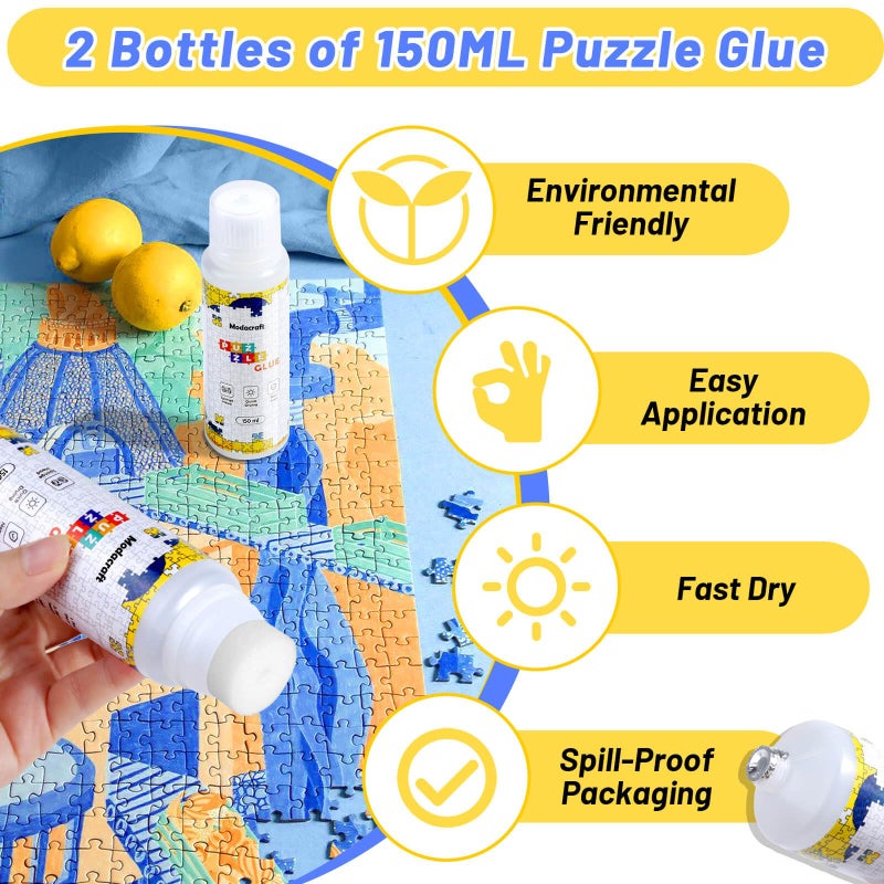 Modacraft 2 Pack 150ml Jigsaw Puzzle Glue with New Sponge Head, Suitable for 1000/3000/5000 Pieces of Paper and Wood Puzzle, Clear Quick Dry Jigsaw Puzzle Glue, Used of Paper Puzzles, 300ml in Total - Image 2